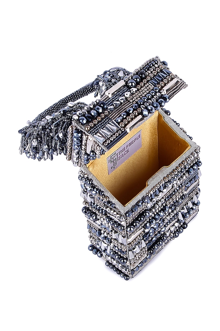 Grey Raw Silk Hand Embroidered Clutch by The Purple Sack at Pernia's Pop Up Shop
