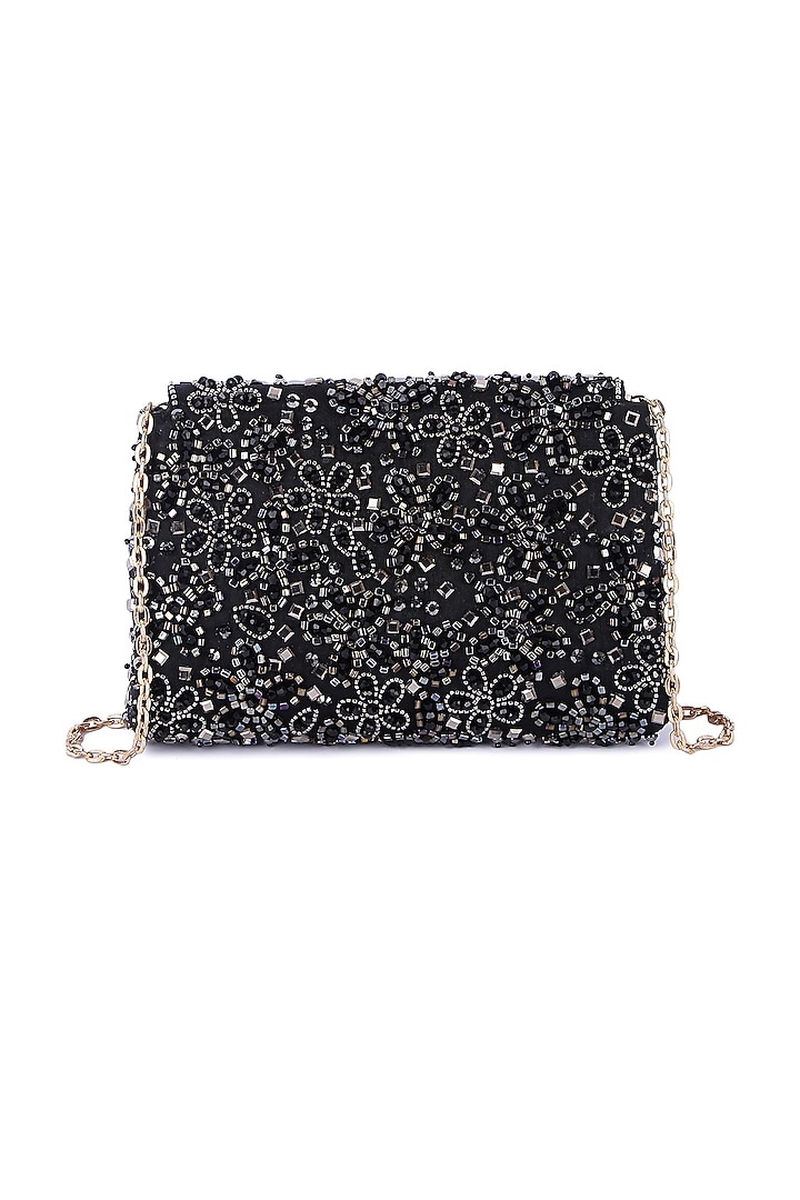 Black Raw Silk Hand Embroidered Clutch by The Purple Sack at Pernia's Pop Up Shop
