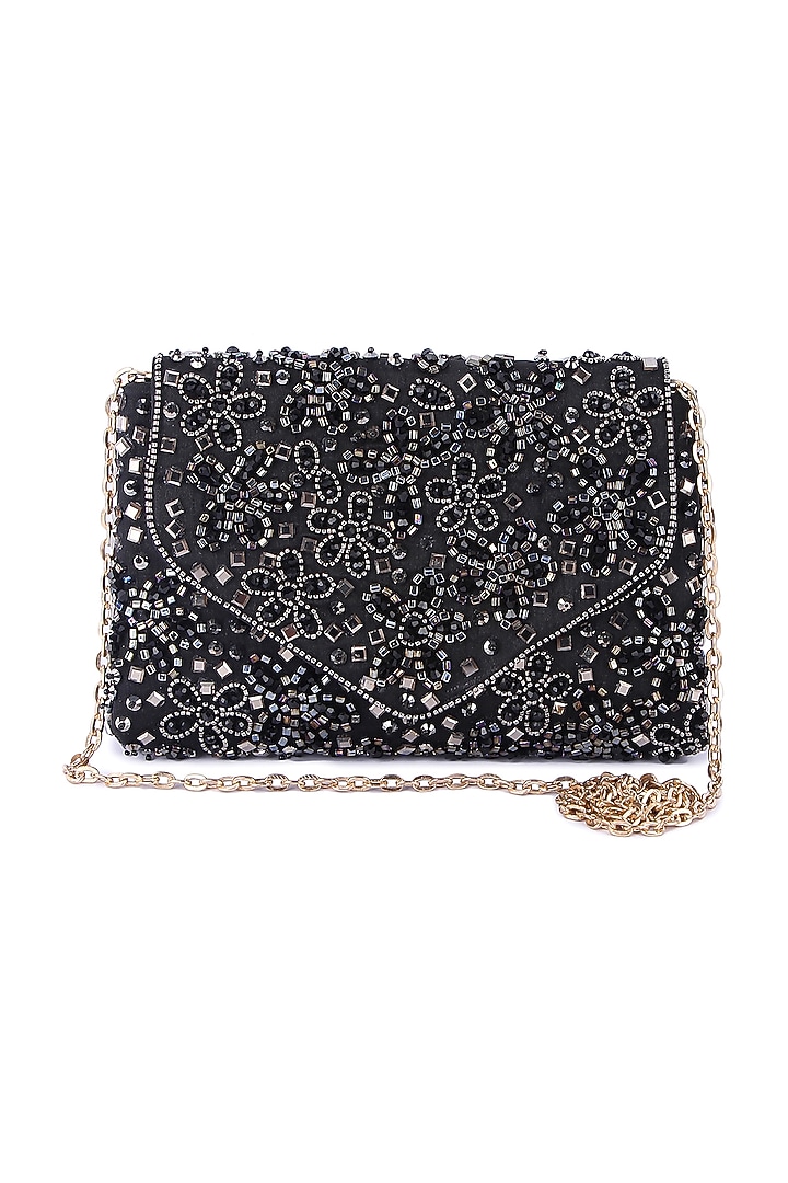 Black Raw Silk Hand Embroidered Clutch by The Purple Sack at Pernia's Pop Up Shop