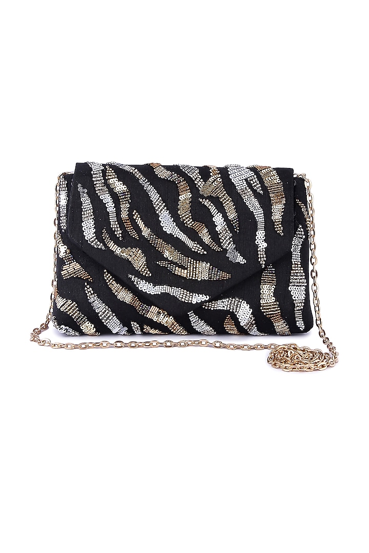 Black Raw Silk Hand Embroidered Clutch by The Purple Sack at Pernia's Pop Up Shop