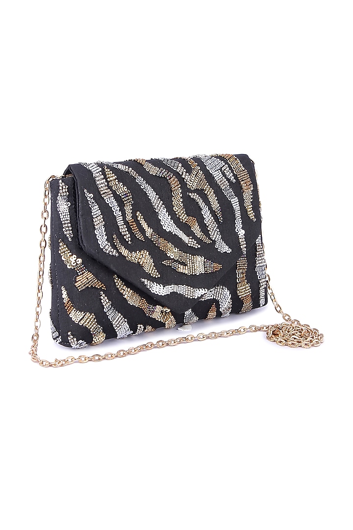 Black Raw Silk Hand Embroidered Clutch by The Purple Sack at Pernia's Pop Up Shop