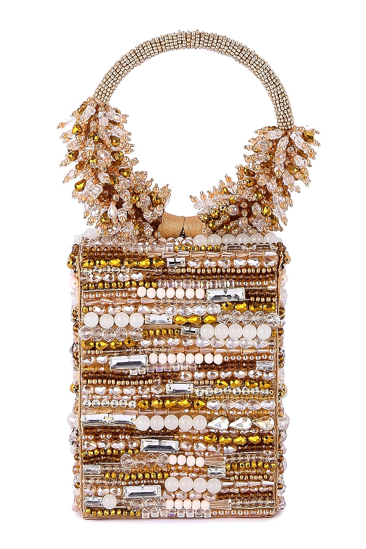 Golden Raw Silk Hand Embroidered Clutch by The Purple Sack at Pernia's Pop Up Shop