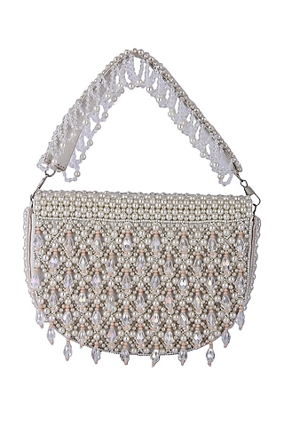 White Raw Silk Hand Embroidered Clutch by The Purple Sack
