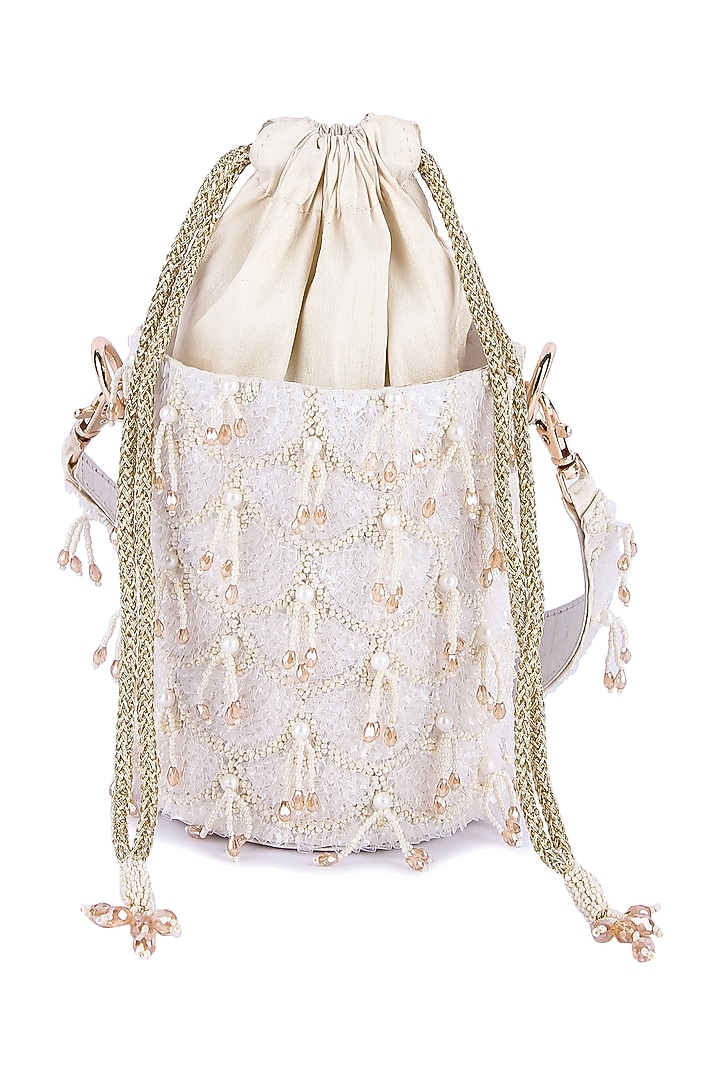 White Raw Silk Hand Embroidered Potli by The Purple Sack at Pernia's Pop Up Shop