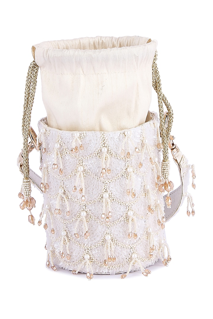 White Raw Silk Hand Embroidered Potli by The Purple Sack at Pernia's Pop Up Shop