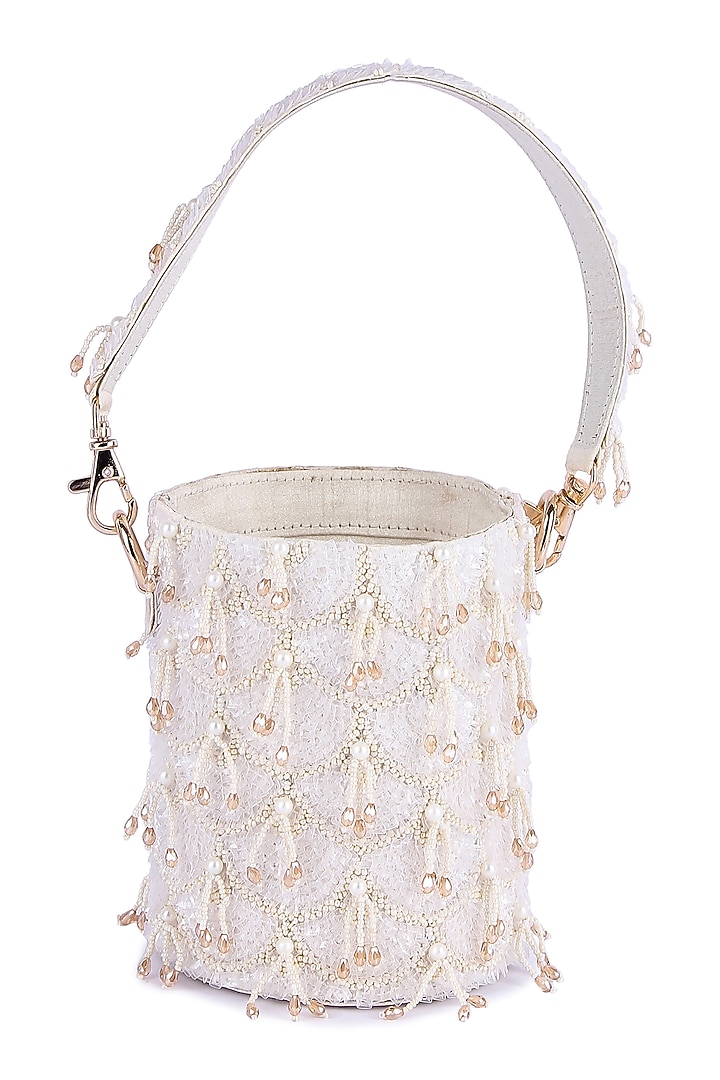 White Raw Silk Hand Embroidered Potli by The Purple Sack at Pernia's Pop Up Shop