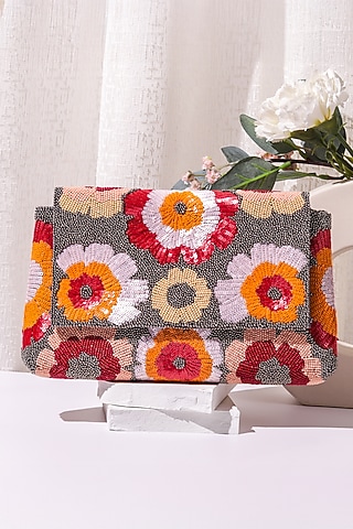 Multi-Colored Raw Silk Hand Embroidered Clutch by The Purple Sack