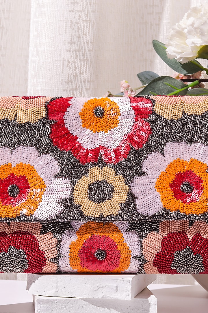 Multi-Colored Raw Silk Hand Embroidered Clutch by The Purple Sack at Pernia's Pop Up Shop