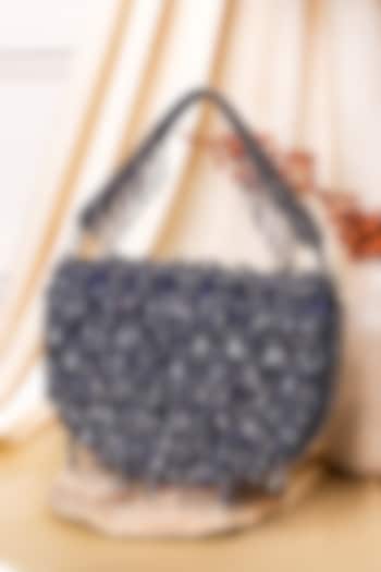 Navy Blue Raw Silk Hand Embroidered Clutch by The Purple Sack at Pernia's Pop Up Shop