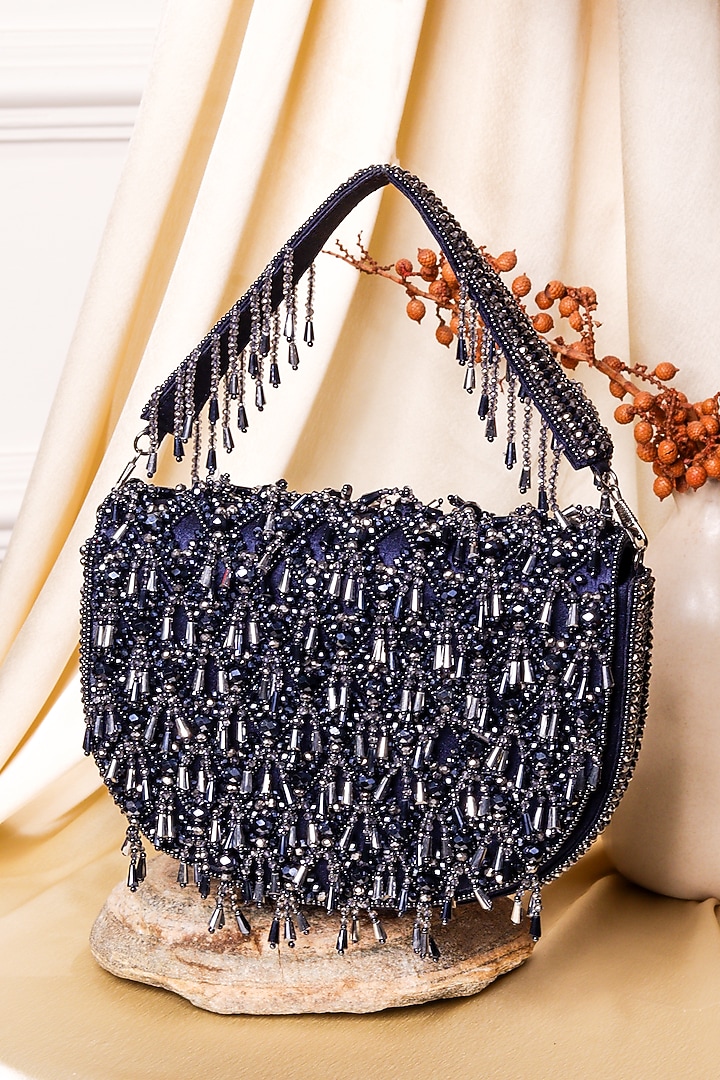 Navy Blue Raw Silk Hand Embroidered Clutch by The Purple Sack at Pernia's Pop Up Shop