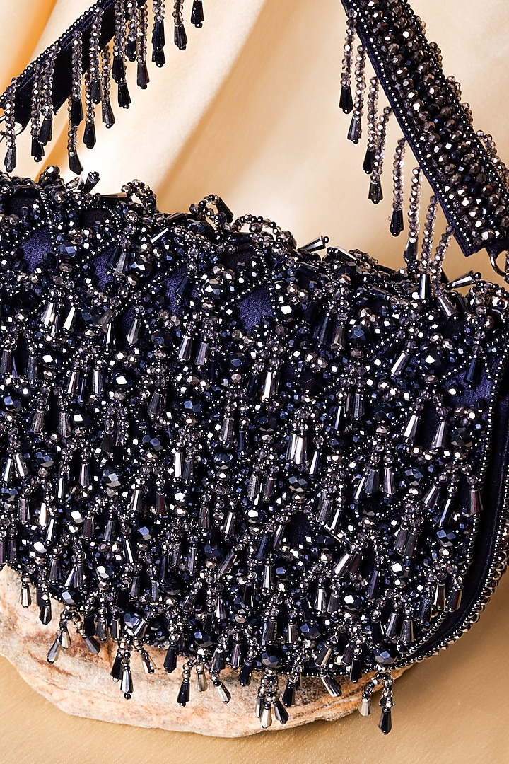 Navy Blue Raw Silk Hand Embroidered Clutch by The Purple Sack at Pernia's Pop Up Shop