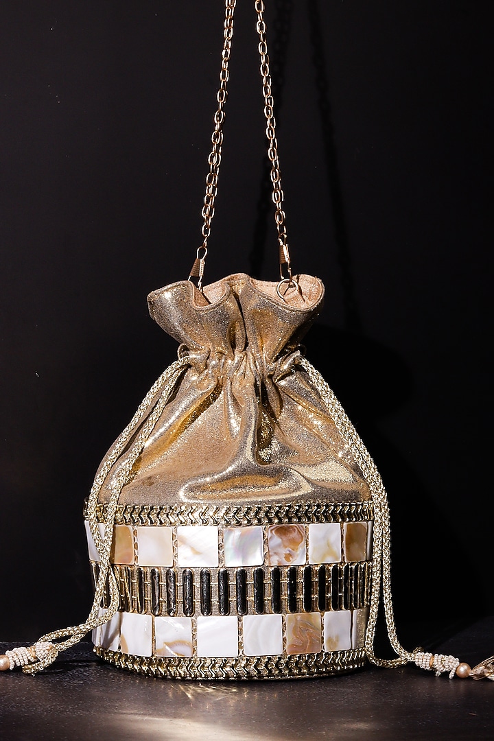 Gold Leatherette Hand Embroidered Potli by The Purple Sack at Pernia's Pop Up Shop