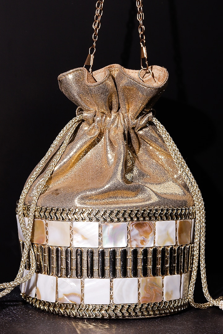 Gold Leatherette Hand Embroidered Potli by The Purple Sack at Pernia's Pop Up Shop