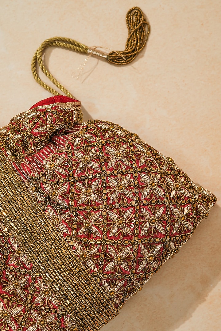 Red Raw Silk Handcrafted Potli by The Purple Sack at Pernia's Pop Up Shop
