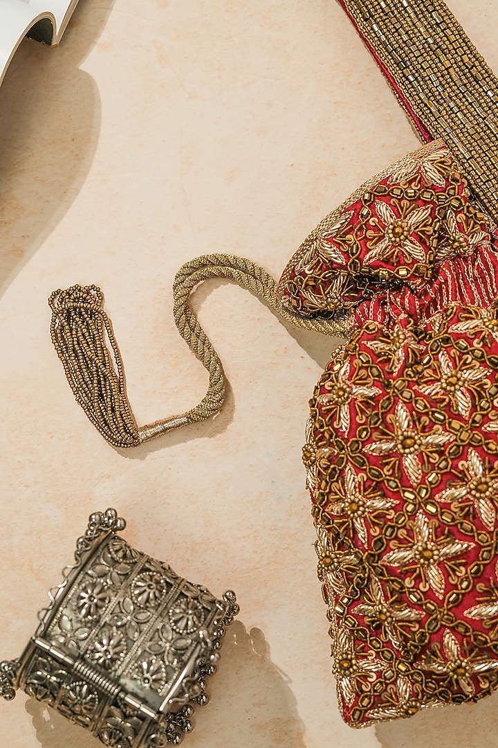 Red Raw Silk Handcrafted Potli by The Purple Sack at Pernia's Pop Up Shop