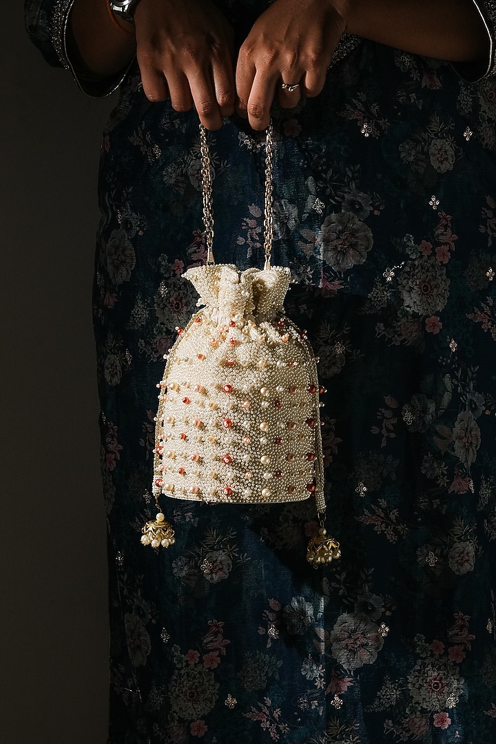 White Raw Silk Pearl Work Handcrafted Potli by The Purple Sack at Pernia's Pop Up Shop