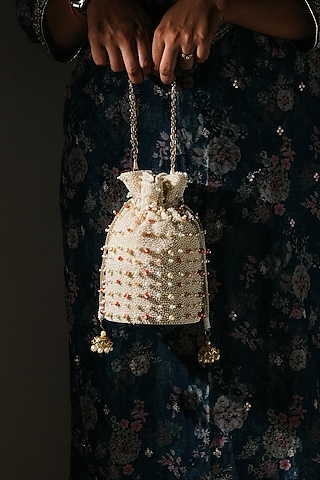 White Raw Silk Pearl Work Handcrafted Potli by The Purple Sack