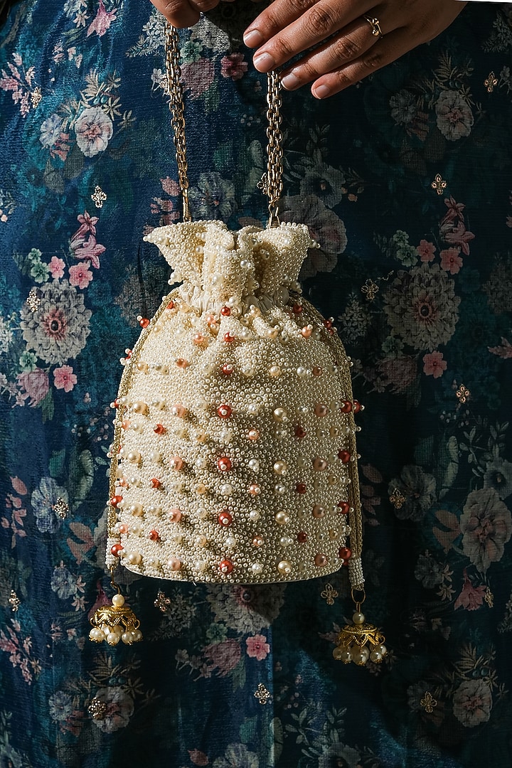 White Raw Silk Pearl Work Handcrafted Potli by The Purple Sack at Pernia's Pop Up Shop
