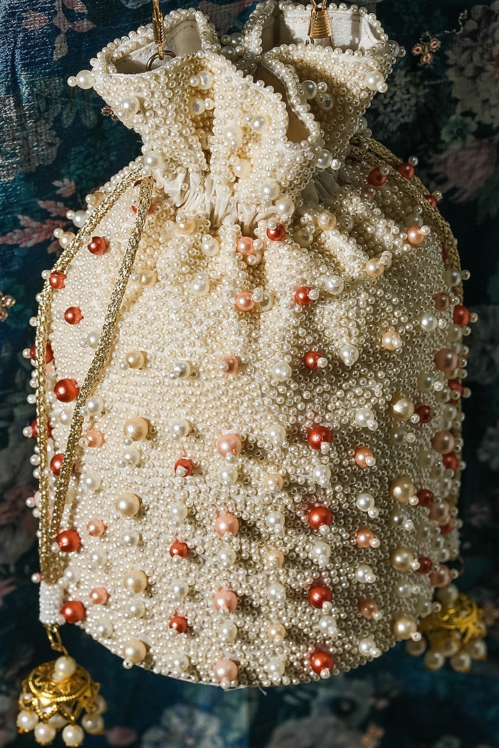 White Raw Silk Pearl Work Handcrafted Potli by The Purple Sack at Pernia's Pop Up Shop