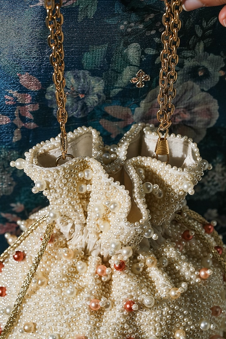 White Raw Silk Pearl Work Handcrafted Potli by The Purple Sack at Pernia's Pop Up Shop