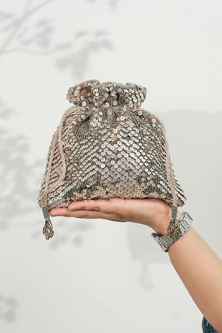 Grey Velvet Handcrafted Potli by The Purple Sack at Pernia's Pop Up Shop
