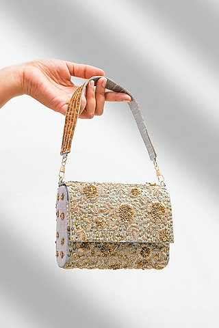 Grey Raw Silk Handcrafted Floral Clutch by The Purple Sack