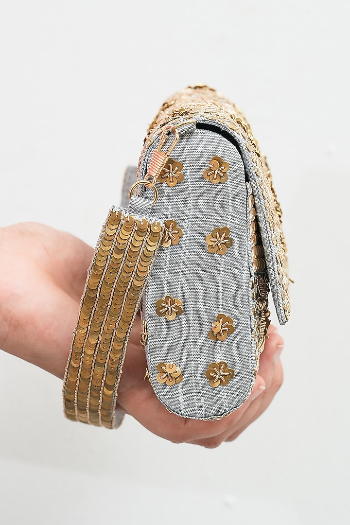 Grey Raw Silk Handcrafted Floral Clutch by The Purple Sack at Pernia's Pop Up Shop