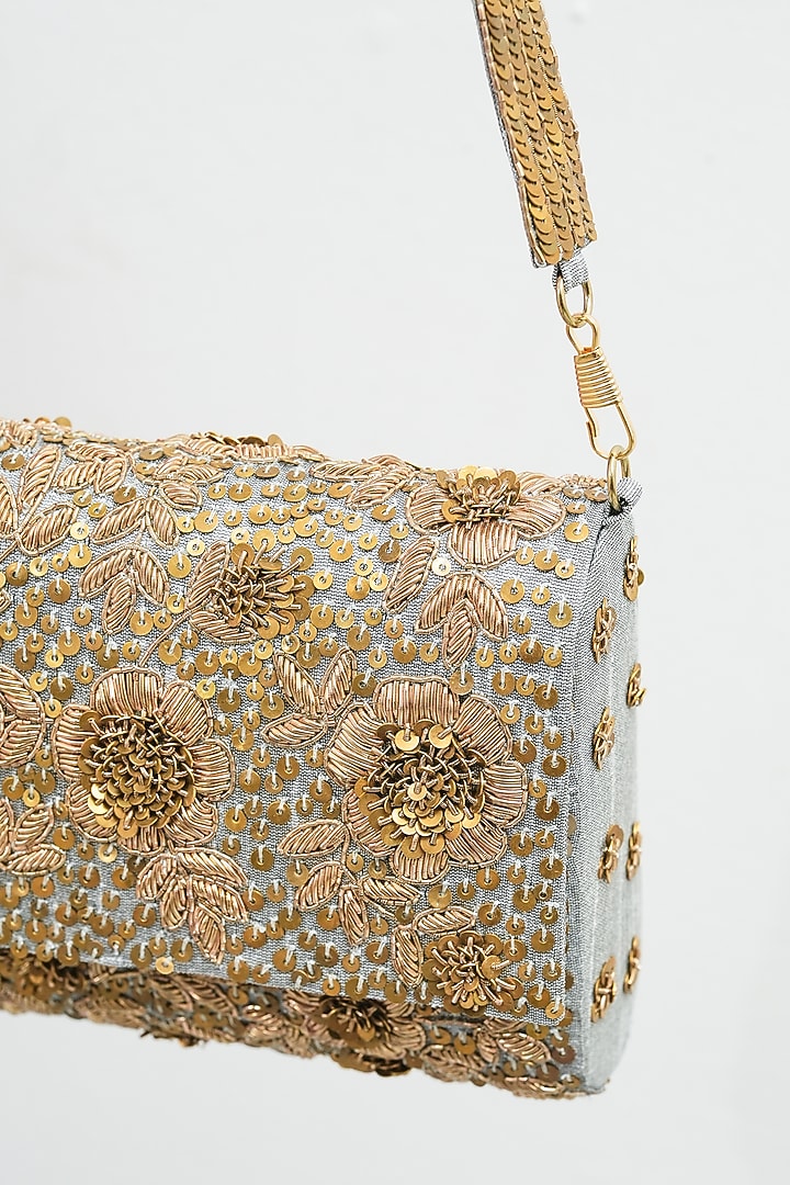 Grey Raw Silk Handcrafted Floral Clutch by The Purple Sack at Pernia's Pop Up Shop