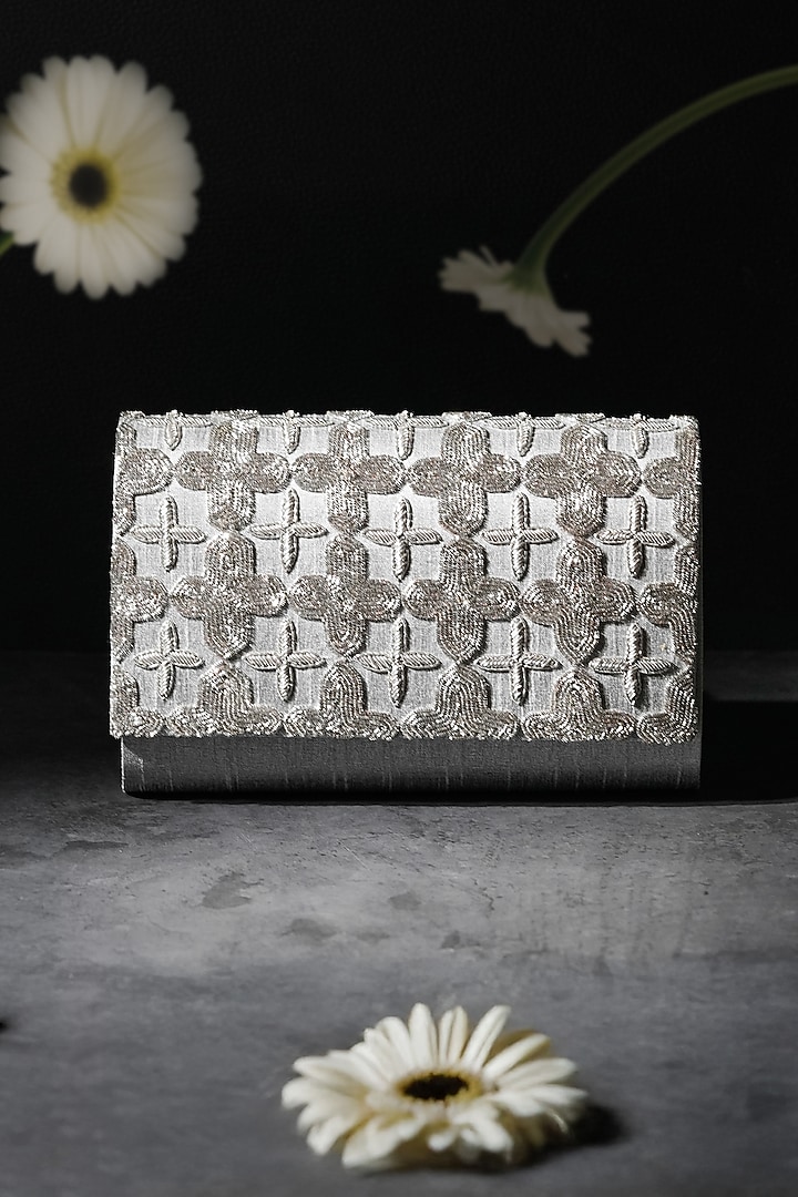 Silver Raw Silk Handcrafted Clutch by The Purple Sack at Pernia's Pop Up Shop