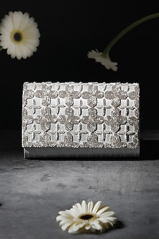 Silver Raw Silk Handcrafted Clutch by The Purple Sack