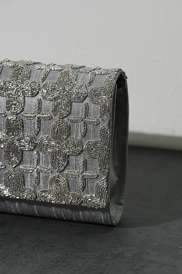 Silver Raw Silk Handcrafted Clutch by The Purple Sack at Pernia's Pop Up Shop