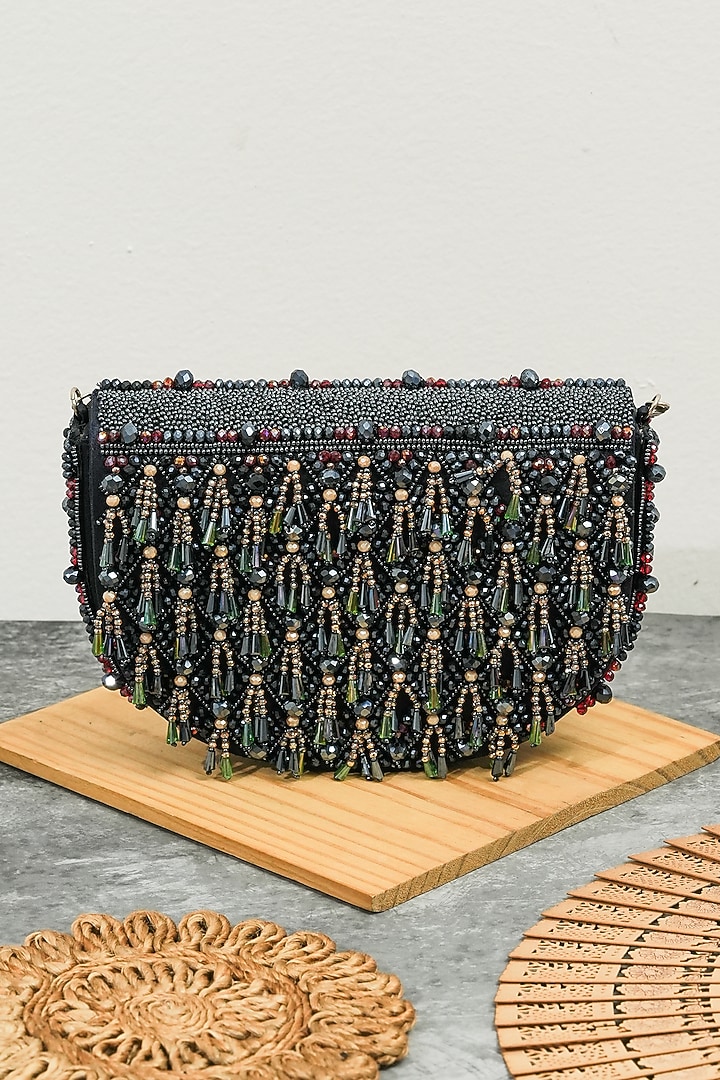 Dark Blue Raw Silk Semi-Circle Handcrafted Clutch by The Purple Sack at Pernia's Pop Up Shop