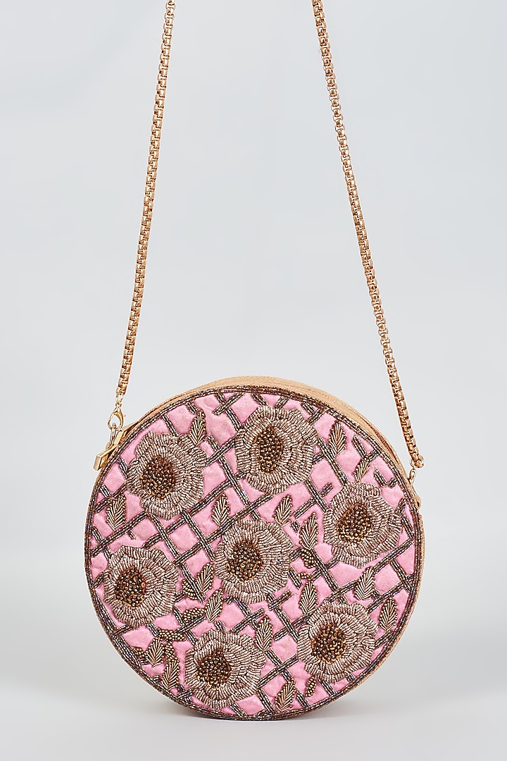 Pink Raw Silk Hand Embroidered Round Sling Bag by The Purple Sack