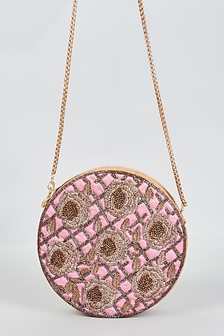 Pink Raw Silk Hand Embroidered Round Sling Bag by The Purple Sack