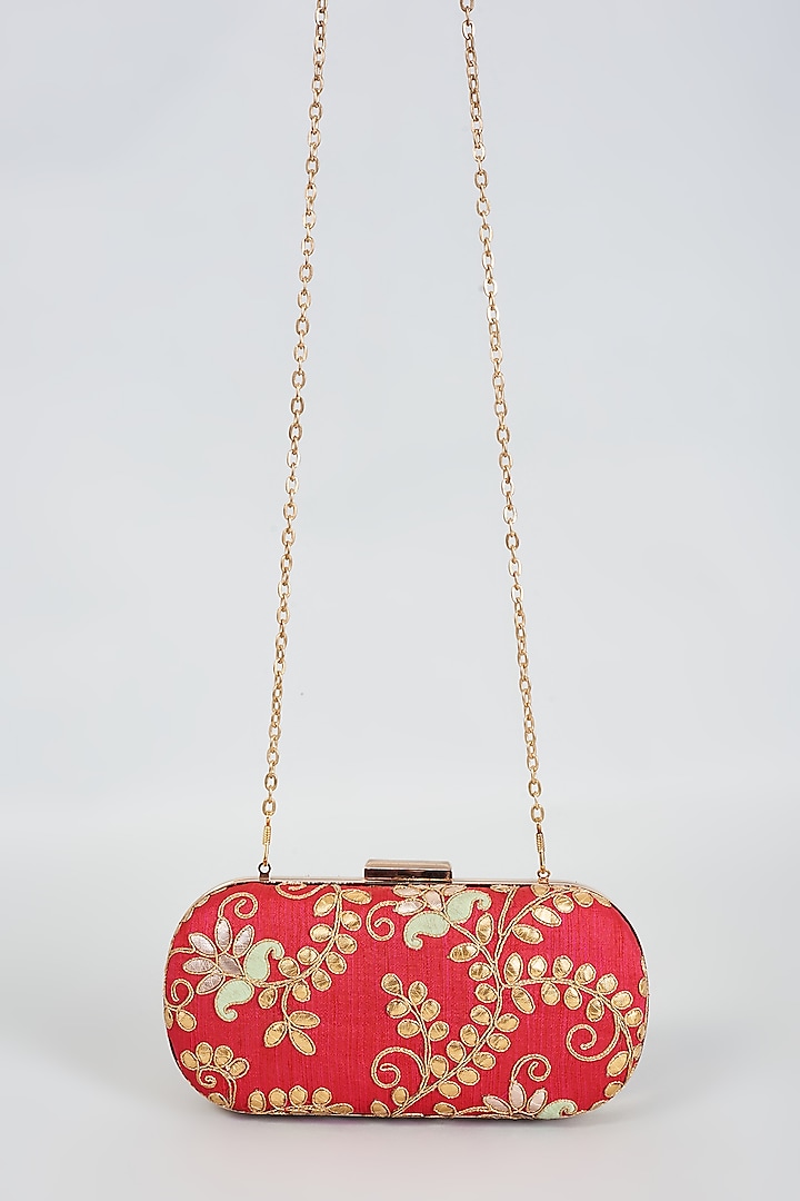 Red Raw Silk Hand Embroidered Clutch by The Purple Sack at Pernia's Pop Up Shop