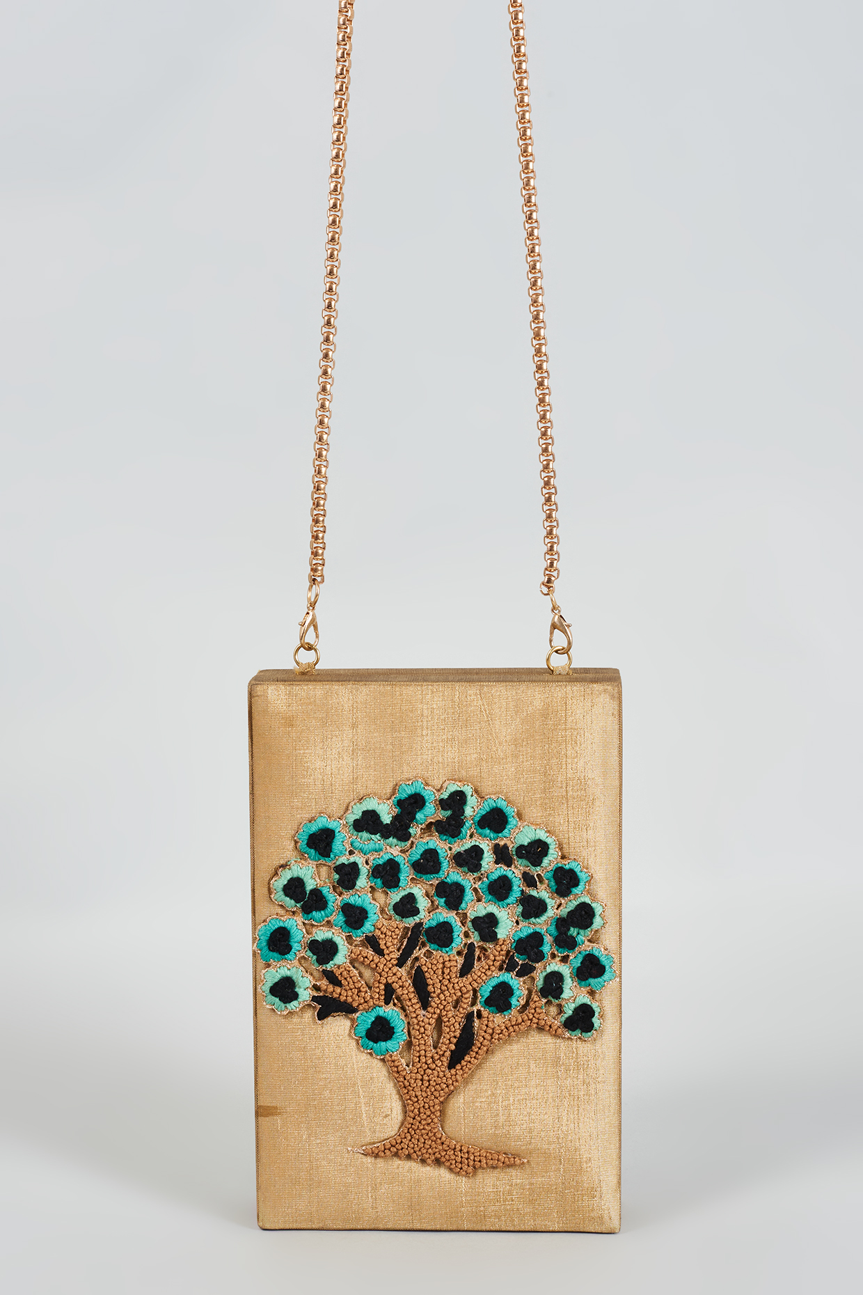 Gold Raw Silk Hand Embroidered Clutch by The Purple Sack