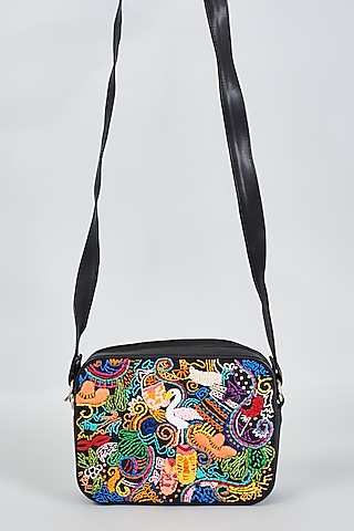 Black Raw Silk Hand Embroidered Sling Bag by The Purple Sack