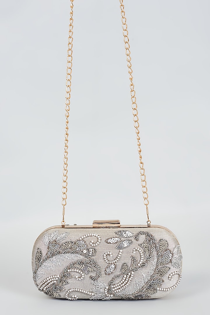 Grey Raw Silk Hand Embroidered Clutch by The Purple Sack at Pernia's Pop Up Shop