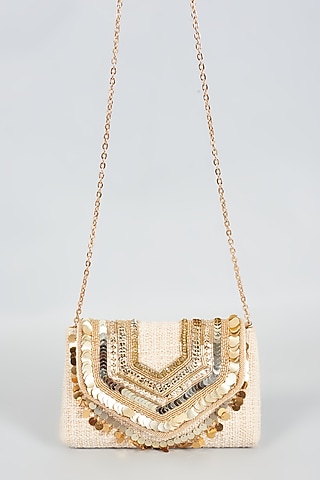 Gold Raw Silk Hand Embroidered Sling Bag by The Purple Sack