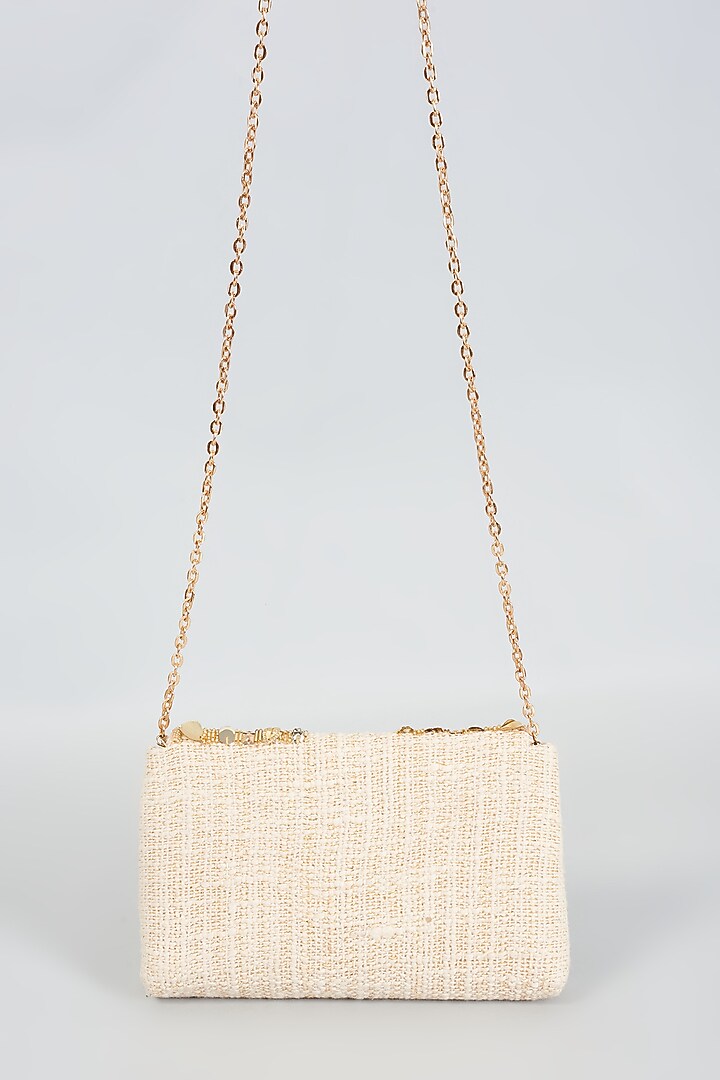 Gold Raw Silk Hand Embroidered Sling Bag by The Purple Sack at Pernia's Pop Up Shop
