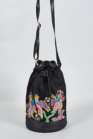 Black Hand Embroidered Sling Bag by The Purple Sack