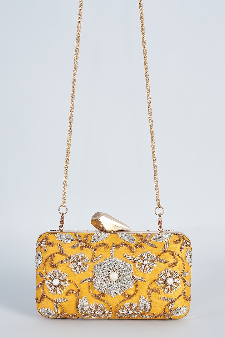 Yellow Raw Silk Hand Embroidered Clutch by The Purple Sack at Pernia's Pop Up Shop