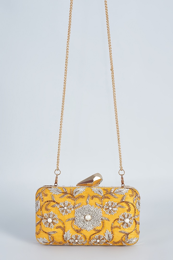 Yellow Raw Silk Hand Embroidered Clutch by The Purple Sack at Pernia's Pop Up Shop