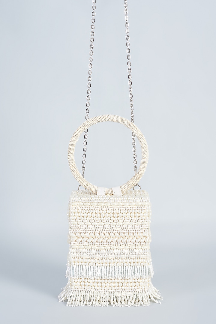 Ivory Raw Silk Hand Embroidered Clutch by The Purple Sack at Pernia's Pop Up Shop