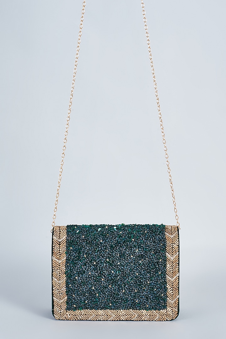 Green Raw Silk Hand Embroidered Clutch by The Purple Sack at Pernia's Pop Up Shop