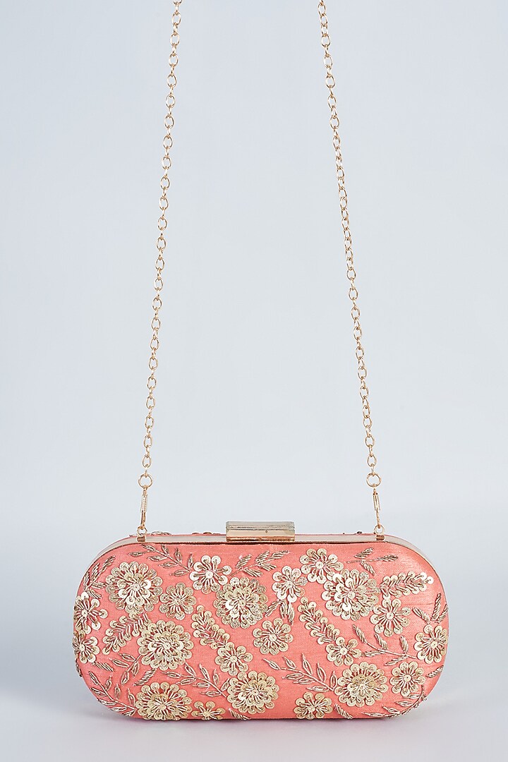 Peach Raw Silk Hand Embroidered Clutch by The Purple Sack at Pernia's Pop Up Shop
