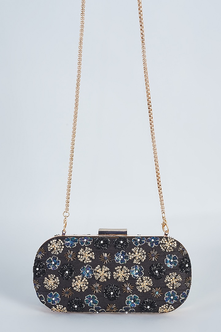 Grey Raw Silk Hand Embroidered Clutch by The Purple Sack at Pernia's Pop Up Shop