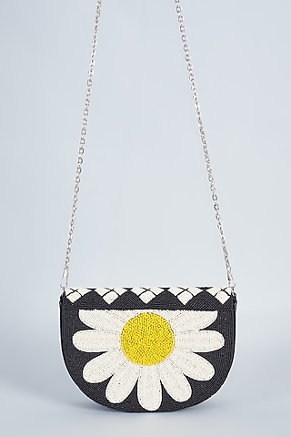 Black Raw Silk Hand Embroidered Clutch by The Purple Sack