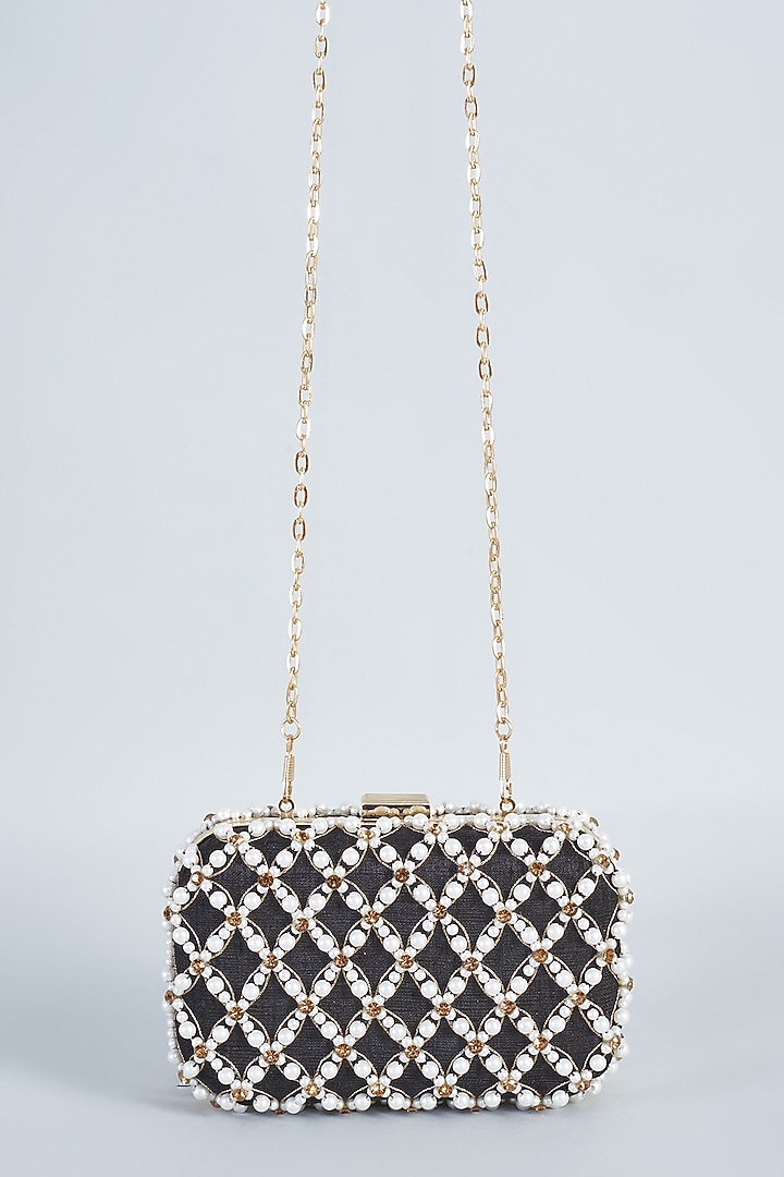 Black Raw Silk Hand Embroidered Clutch by The Purple Sack at Pernia's Pop Up Shop