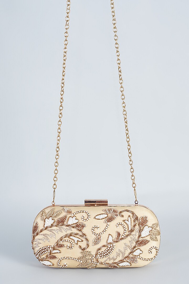 Cream Raw Silk Hand Embroidered Clutch by The Purple Sack at Pernia's Pop Up Shop